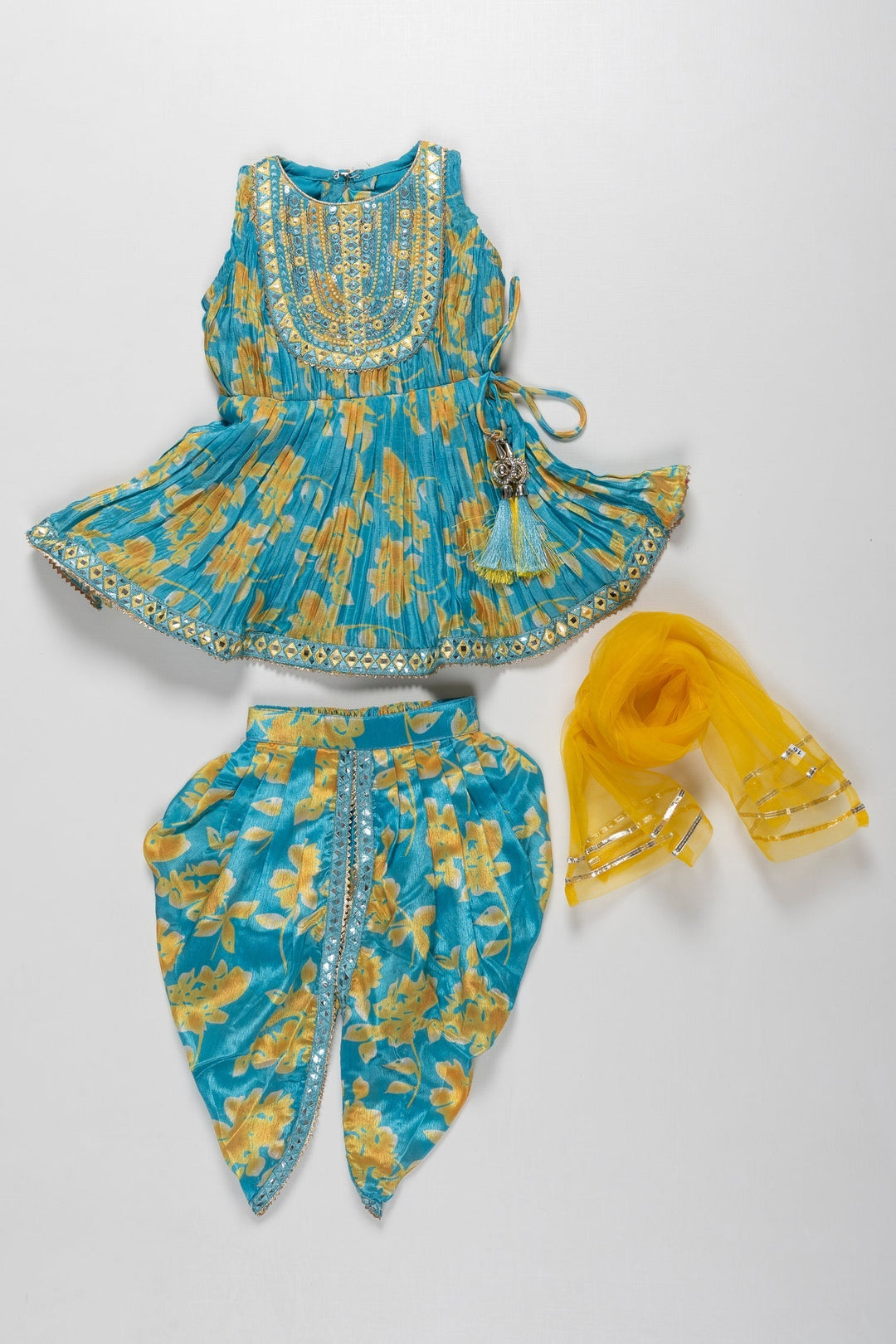 The Nesavu Girls Dothi Sets Girls Sunshine Blue Kurti with Dhoti Pant Set - Vibrant and Versatile Nesavu Shop Girls Blue Floral Kurti & Dhoti Pant Set | Perfect Outfit for All Occasions