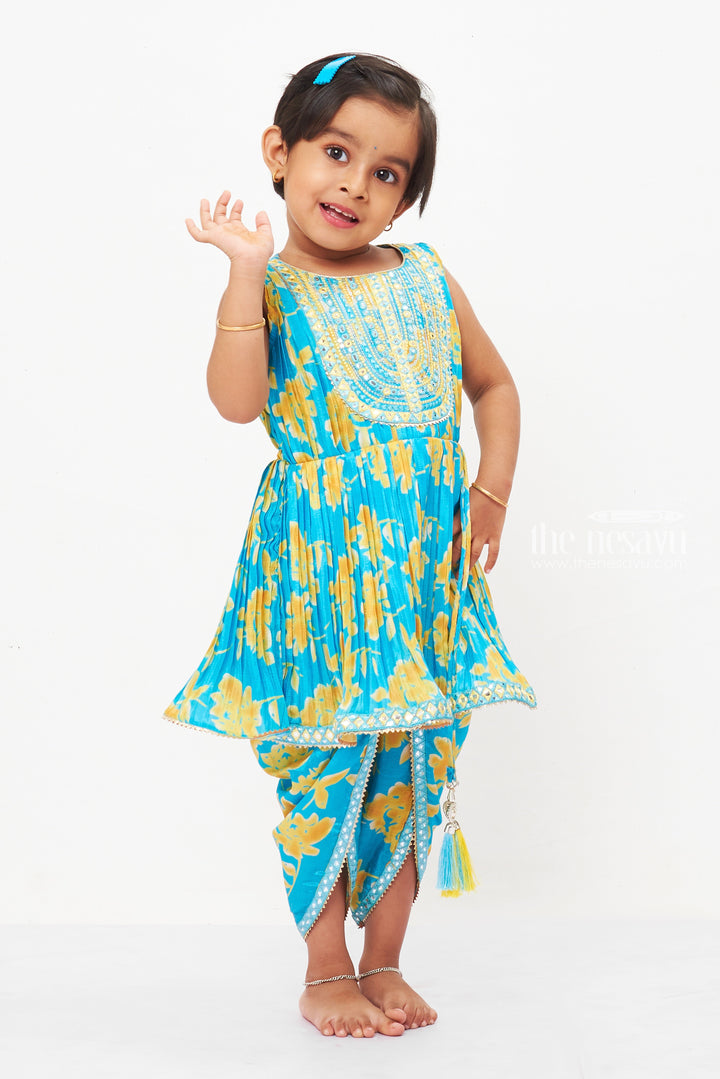 The Nesavu Girls Dothi Sets Girls Sunshine Blue Kurti with Dhoti Pant Set - Vibrant and Versatile Nesavu Shop Girls Blue Floral Kurti & Dhoti Pant Set | Perfect Outfit for All Occasions