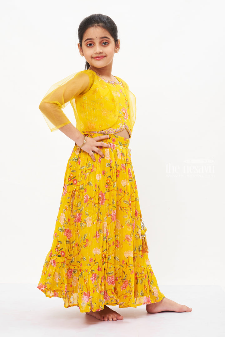 The Nesavu Girls Lehenga Choli Girls Sunshine Floral Pavada Set with Festive Jacket - Celebrate Ugadi in Style Nesavu Celebratory Girls Ghagra Choli with Jacket | Vibrant Eid & Ugadi Attire | The Nesavu