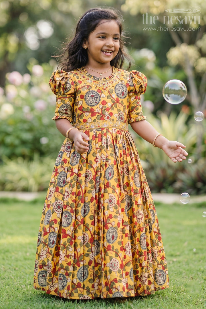 The Nesavu Girls Party Gown Girls Sunshine Yellow Kalamkari Printed Anarkali Dress with Embellished Neckline Nesavu 16 (1Y) / Yellow / Blend Silk GA192B-16 Traditional Yellow Kalamkari Anarkali Dress for Festive Occasions | The Nesavu