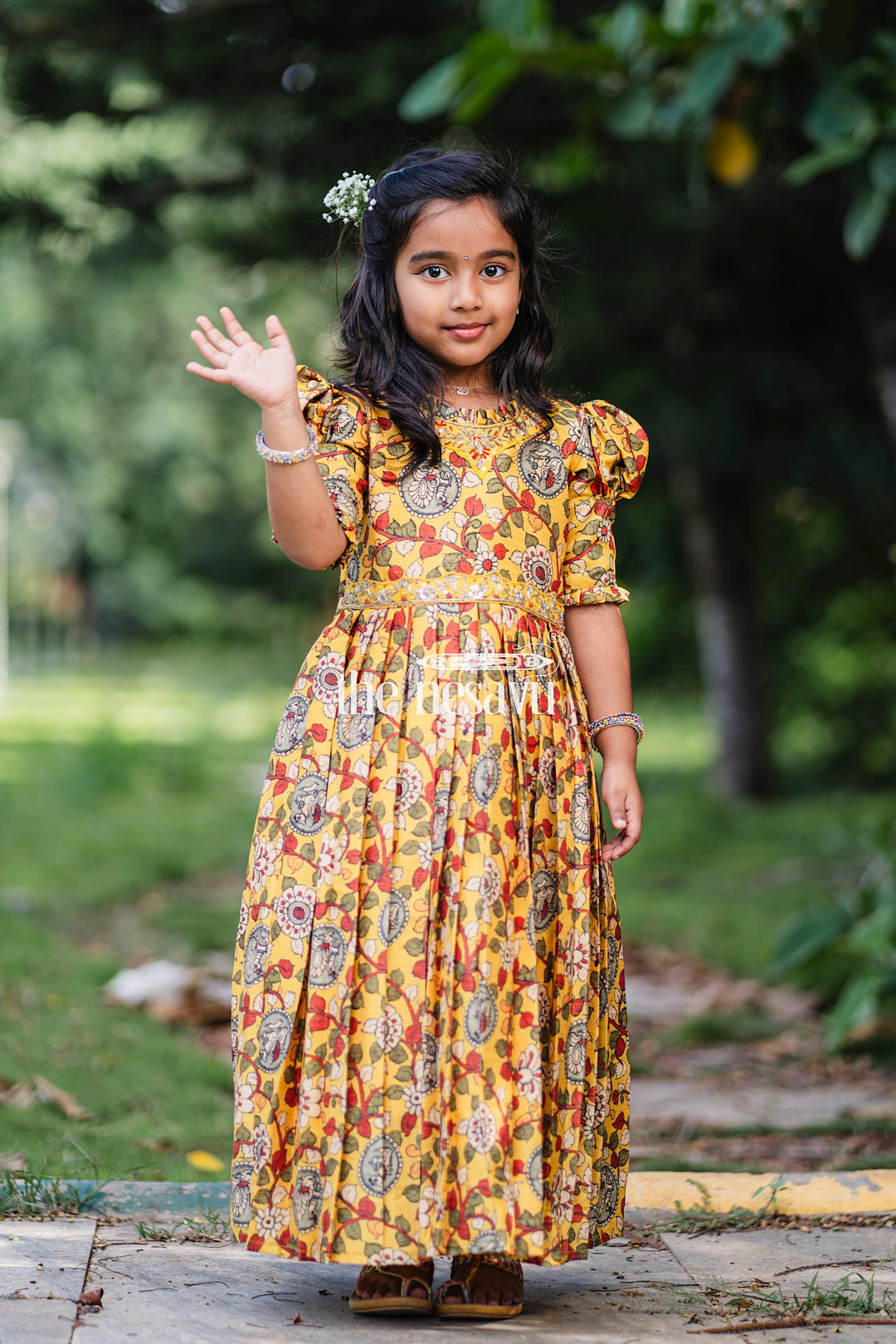 The Nesavu Girls Party Gown Girls Sunshine Yellow Kalamkari Printed Anarkali Dress with Embellished Neckline Nesavu 16 (1Y) / Yellow / Blend Silk GA192B-16 Traditional Yellow Kalamkari Anarkali Dress for Festive Occasions | The Nesavu