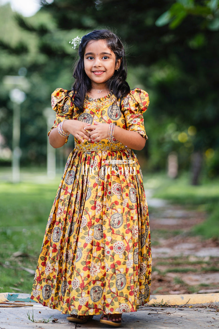 The Nesavu Girls Party Gown Girls Sunshine Yellow Kalamkari Printed Anarkali Dress with Embellished Neckline Nesavu Traditional Yellow Kalamkari Anarkali Dress for Festive Occasions | The Nesavu