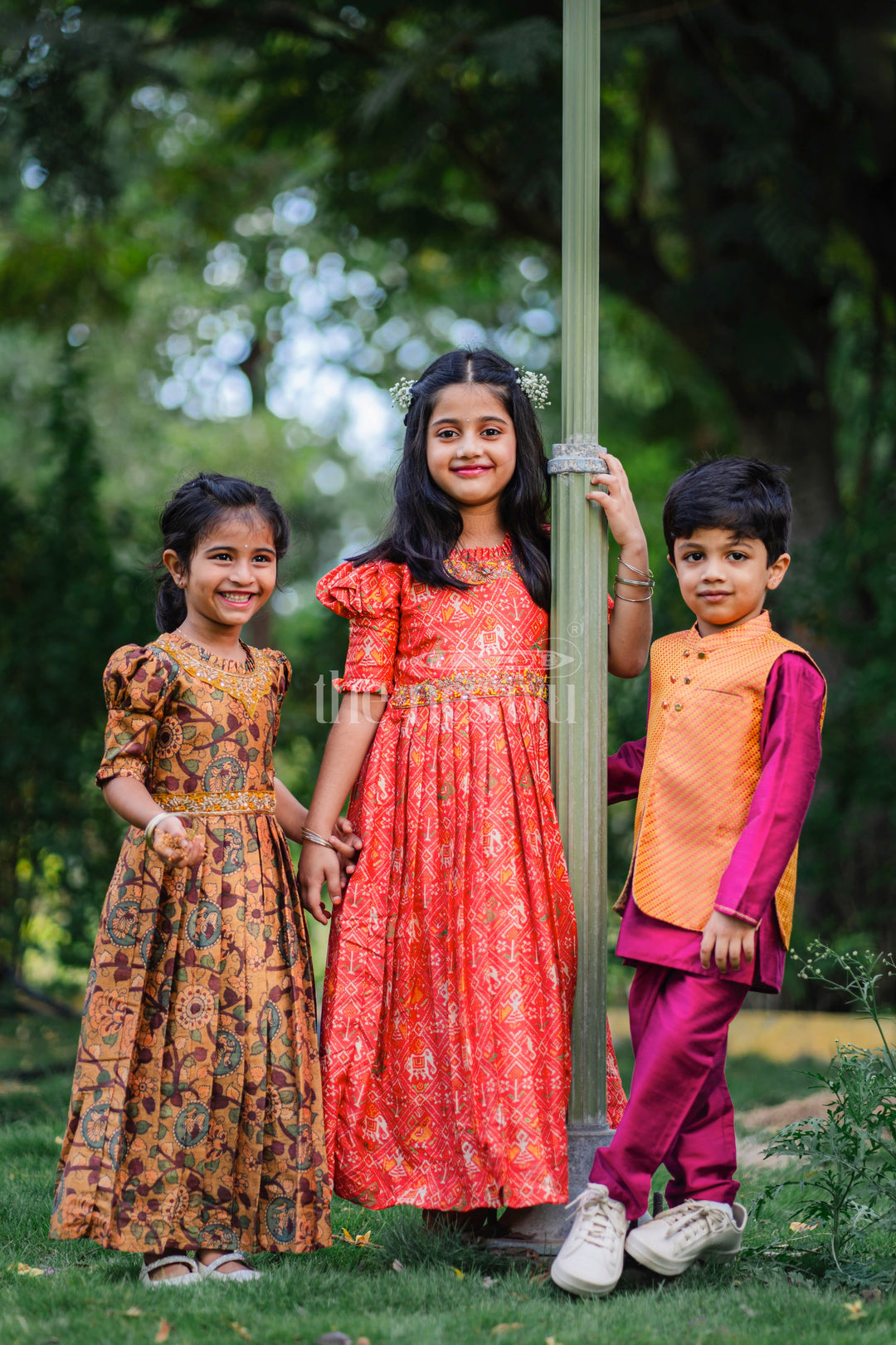 The Nesavu Girls Party Gown Girls Sunshine Yellow Kalamkari Printed Anarkali Dress with Embellished Neckline Nesavu Traditional Yellow Kalamkari Anarkali Dress for Festive Occasions | The Nesavu