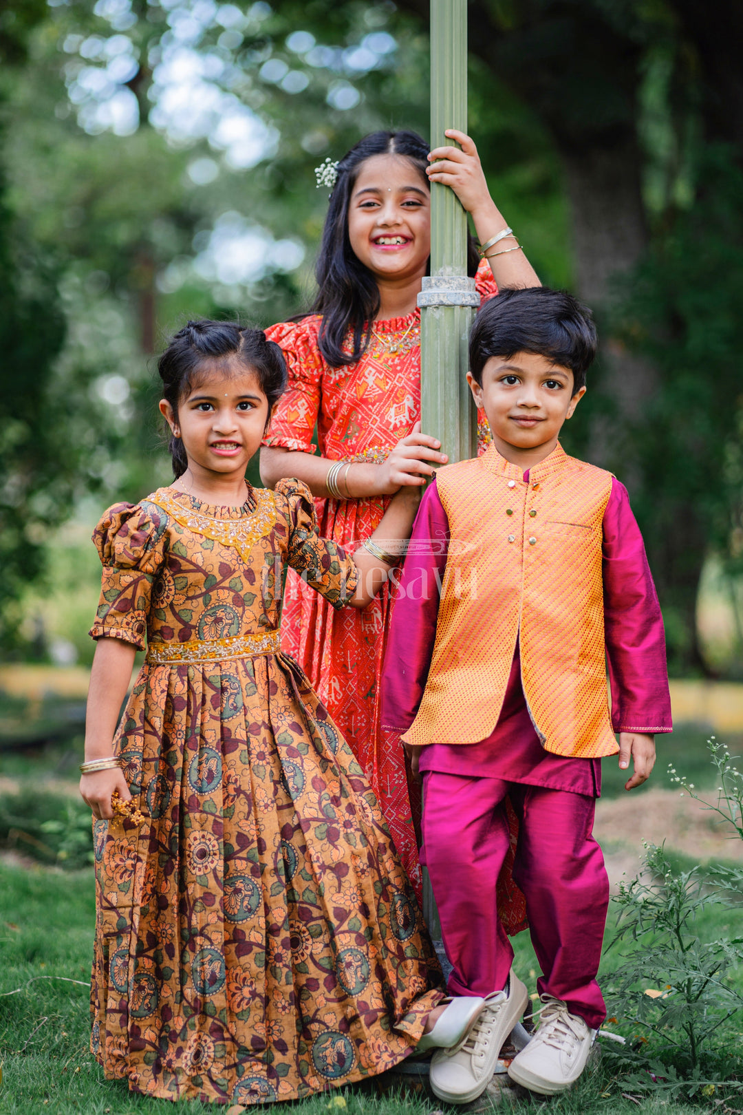 The Nesavu Girls Party Gown Girls Sunshine Yellow Kalamkari Printed Anarkali Dress with Embellished Neckline Nesavu Traditional Yellow Kalamkari Anarkali Dress for Festive Occasions | The Nesavu