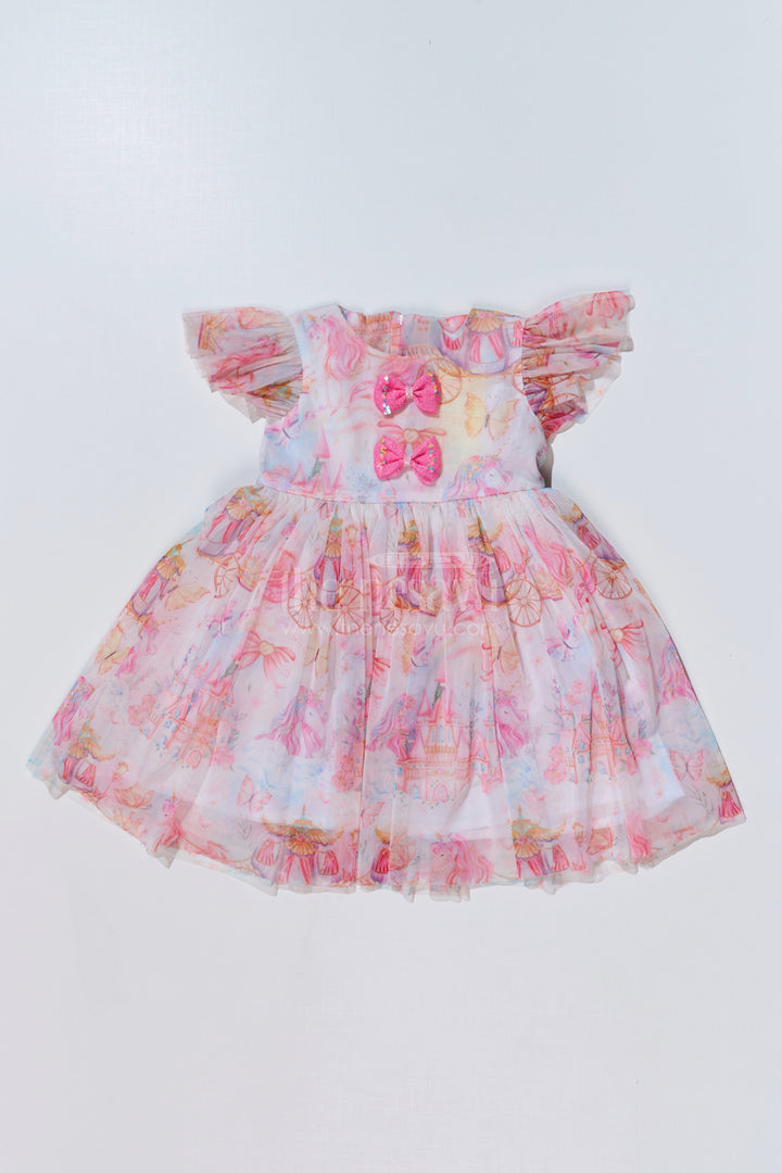The Nesavu Girls Fancy Frock Girls Super Soft Net Digital Printed Frock for Birthday with Ruffled Sleeves and Bow Details Nesavu 20 (3Y) / Pink GFC1612A-20 Nesavu Girls Super Soft Net Digital Printed Frock Birthday Ruffles Bow Details