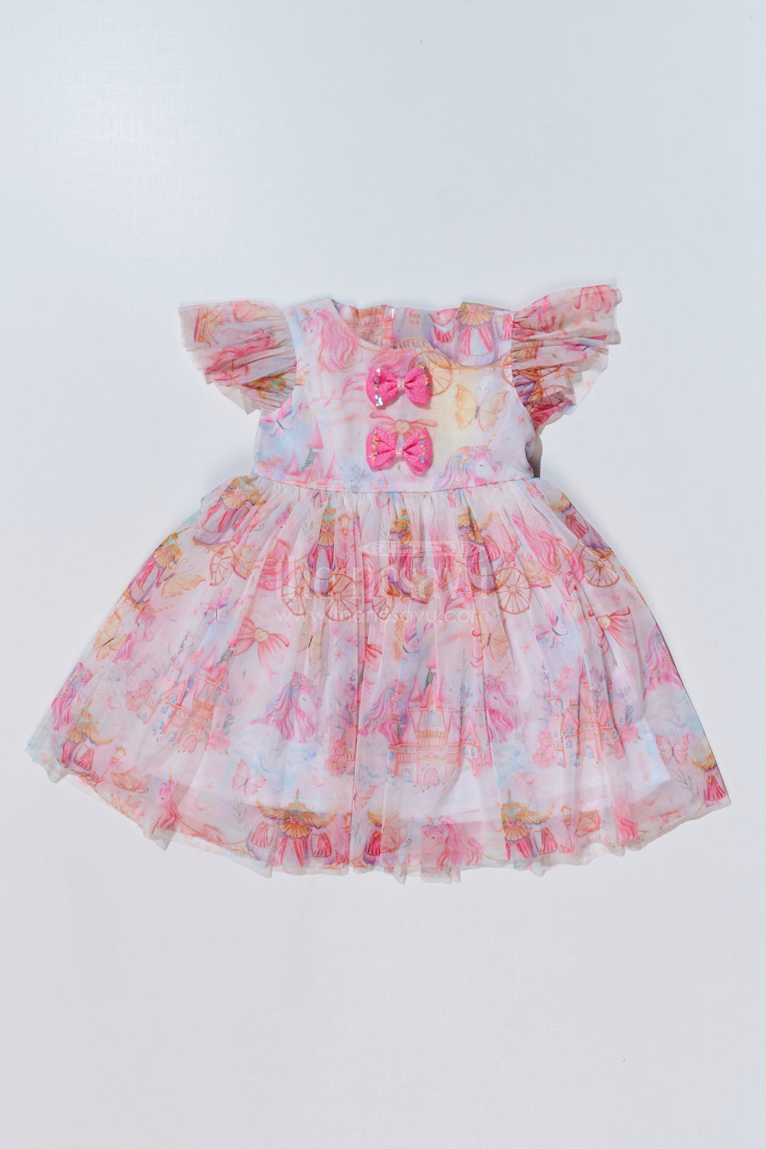The Nesavu Girls Fancy Frock Girls Super Soft Net Digital Printed Frock for Birthday with Ruffled Sleeves and Bow Details Nesavu 20 (3Y) / Pink GFC1612A-20 Nesavu Girls Super Soft Net Digital Printed Frock Birthday Ruffles Bow Details