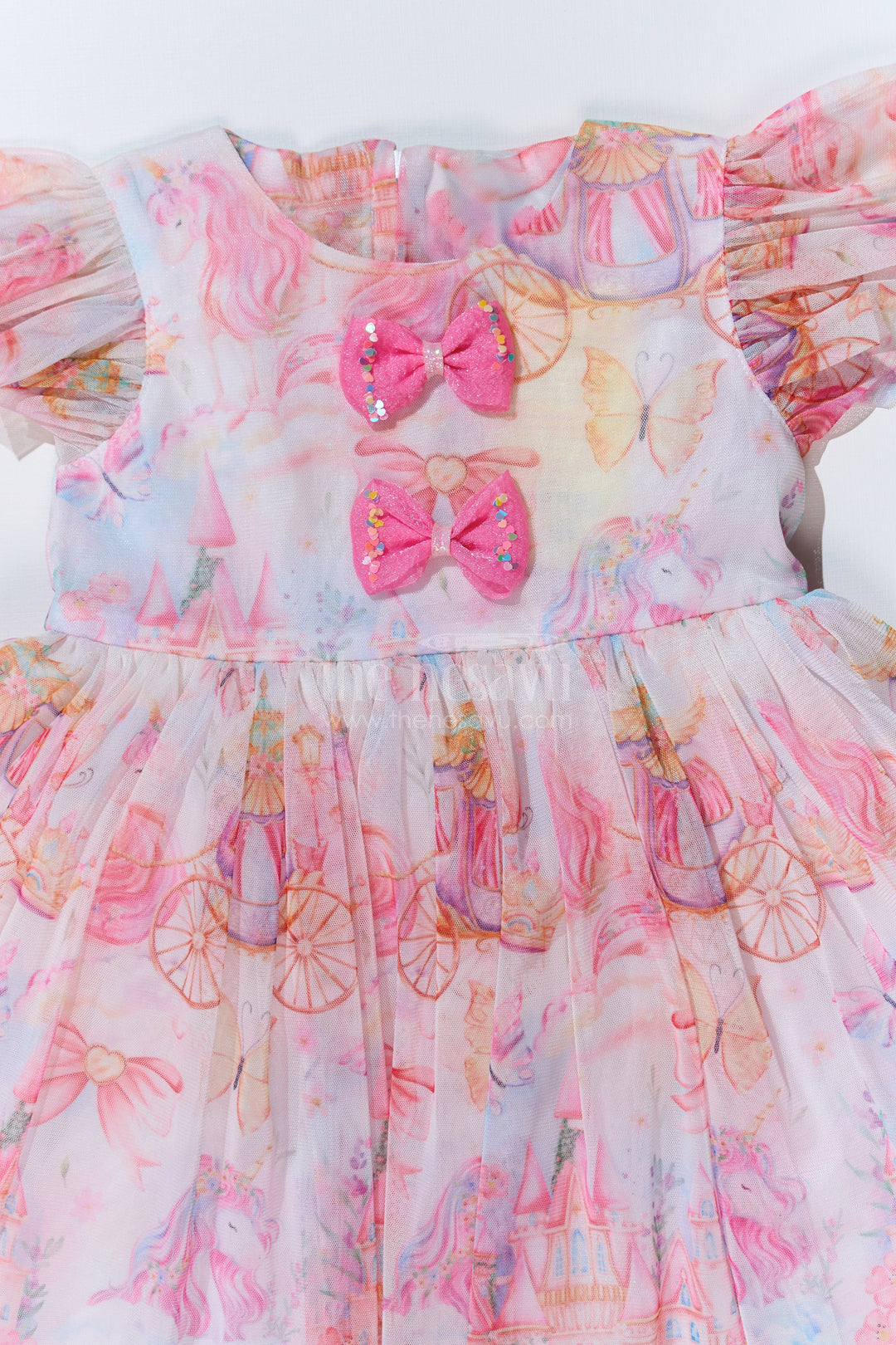 The Nesavu Girls Fancy Frock Girls Super Soft Net Digital Printed Frock for Birthday with Ruffled Sleeves and Bow Details Nesavu Nesavu Girls Super Soft Net Digital Printed Frock Birthday Ruffles Bow Details