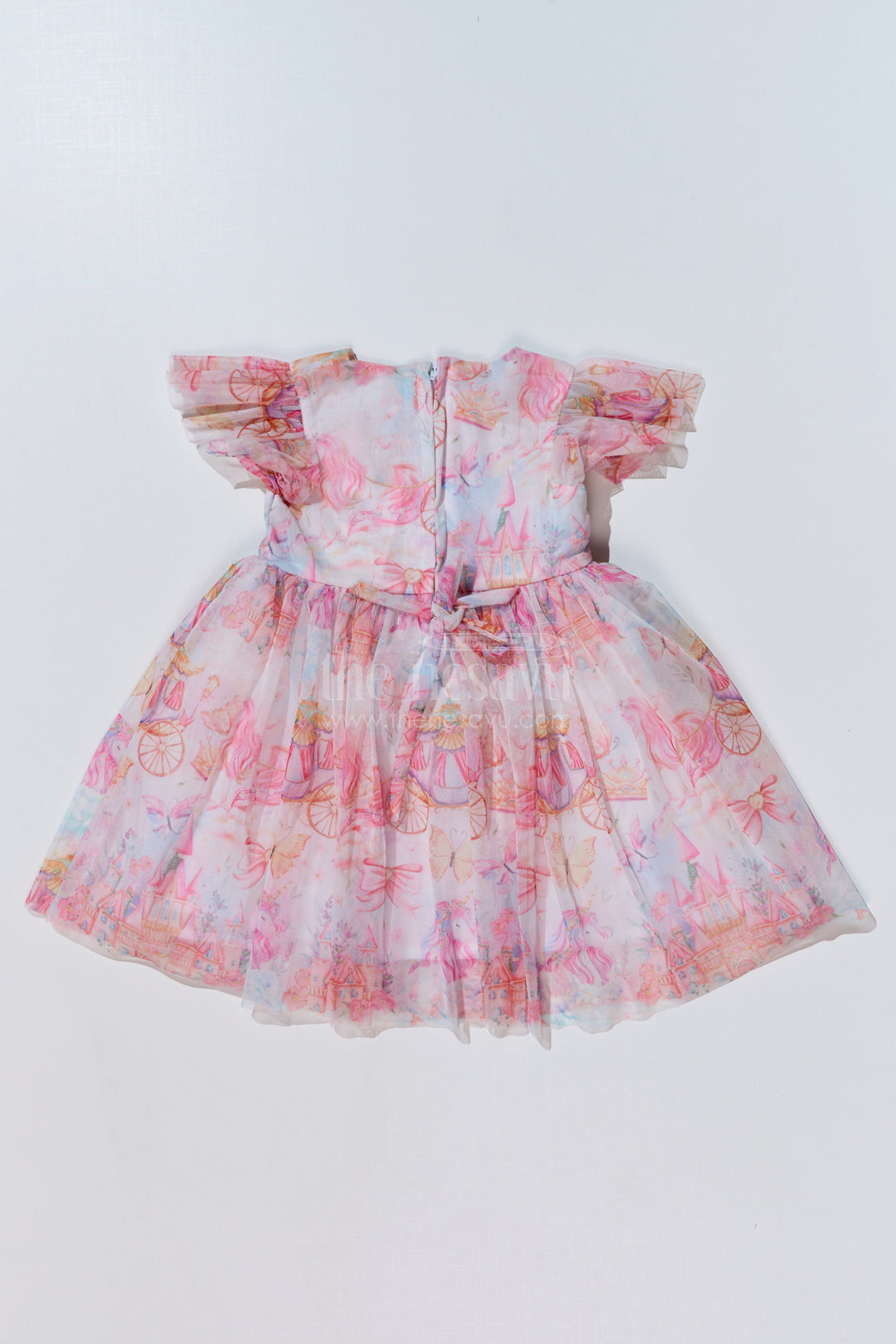 The Nesavu Girls Fancy Frock Girls Super Soft Net Digital Printed Frock for Birthday with Ruffled Sleeves and Bow Details Nesavu Nesavu Girls Super Soft Net Digital Printed Frock Birthday Ruffles Bow Details