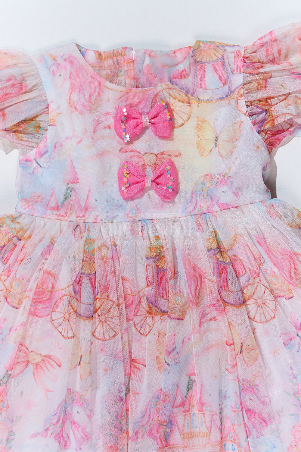 The Nesavu Girls Fancy Frock Girls Super Soft Net Digital Printed Frock for Birthday with Ruffled Sleeves and Bow Details Nesavu Nesavu Girls Super Soft Net Digital Printed Frock Birthday Ruffles Bow Details