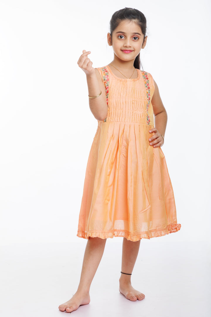 The Nesavu Girls Cotton Frock Girls Tangerine Cotton Frock with Floral Embellishment - Summer Delight Nesavu Floral Embroidered Sleeveless Cotton Dress for Girls | Playful & Chic | The Nesavu