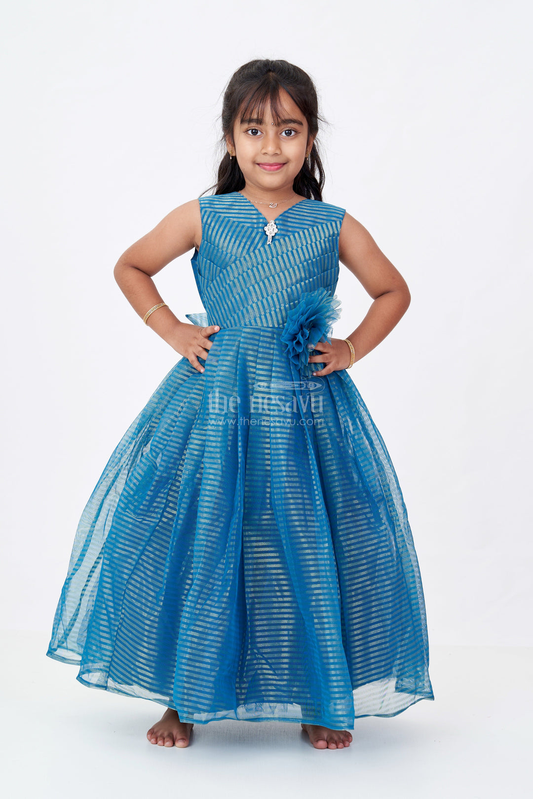 The Nesavu Girls Party Gown Girls Teal Blue Anarkali in Softnet with Shimmer Stripes and Waist Flower for Glam Party Looks Nesavu 20 (3Y) / Blue GA302B-20 Girls Teal Blue Anarkali Dress Softnet Gold Shimmer Stripes Floral Accent | The Nesavu