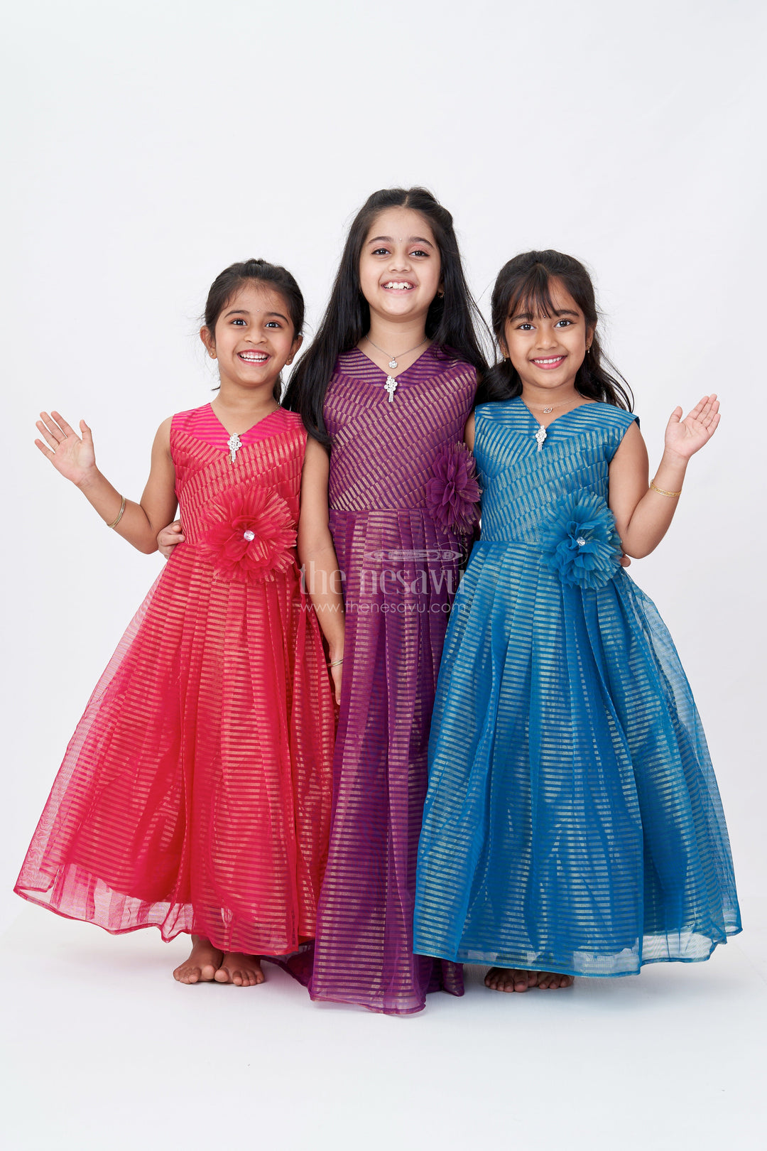 The Nesavu Girls Party Gown Girls Teal Blue Anarkali in Softnet with Shimmer Stripes and Waist Flower for Glam Party Looks Nesavu Girls Teal Blue Anarkali Dress Softnet Gold Shimmer Stripes Floral Accent | The Nesavu