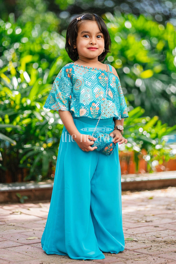 The Nesavu Girls Sharara / Plazo Set Girls Teal Chinon Silk Plazo Set with Embellished Top and Matching Pouch Nesavu 16 (1Y) / Teal GPS424A-16 Nesavu Girls Teal Chinon Silk Plazo Set Embellished Crop Top Matching Pouch Casual Occasions