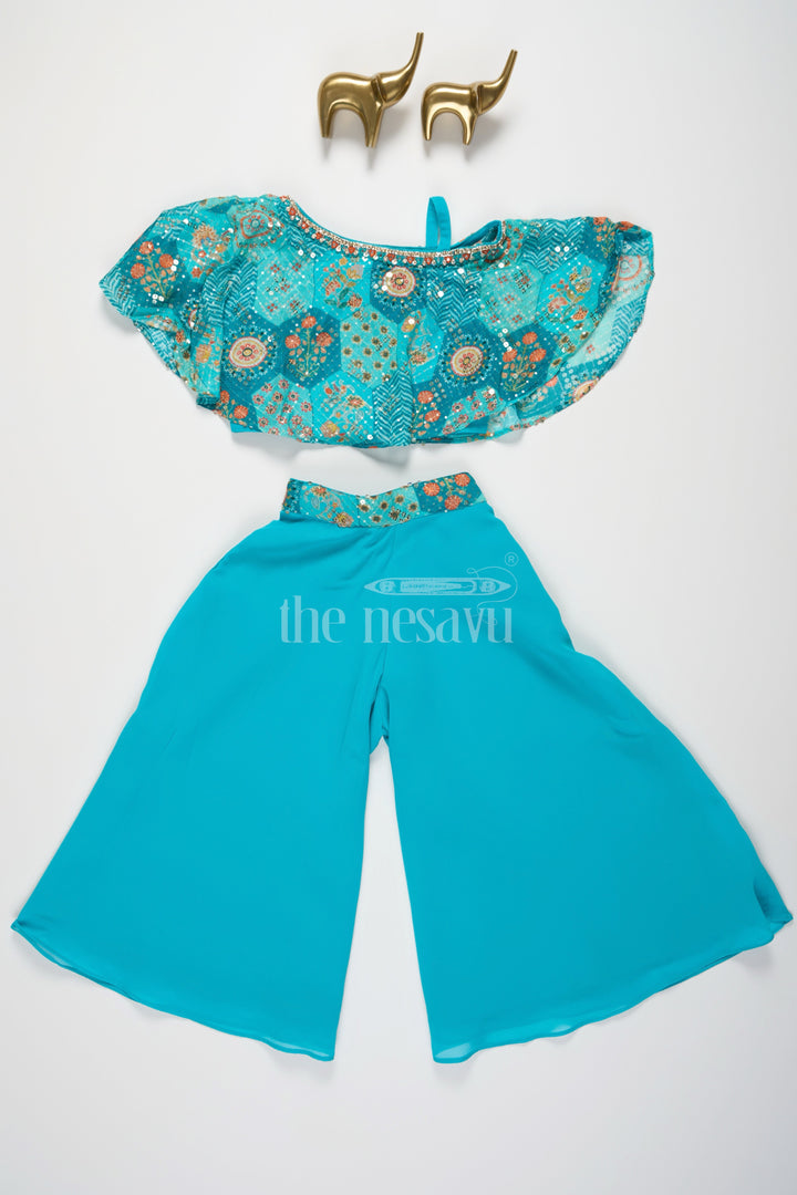 The Nesavu Girls Sharara / Plazo Set Girls Teal Chinon Silk Plazo Set with Embellished Top and Matching Pouch Nesavu Nesavu Girls Teal Chinon Silk Plazo Set Embellished Crop Top Matching Pouch Casual Occasions