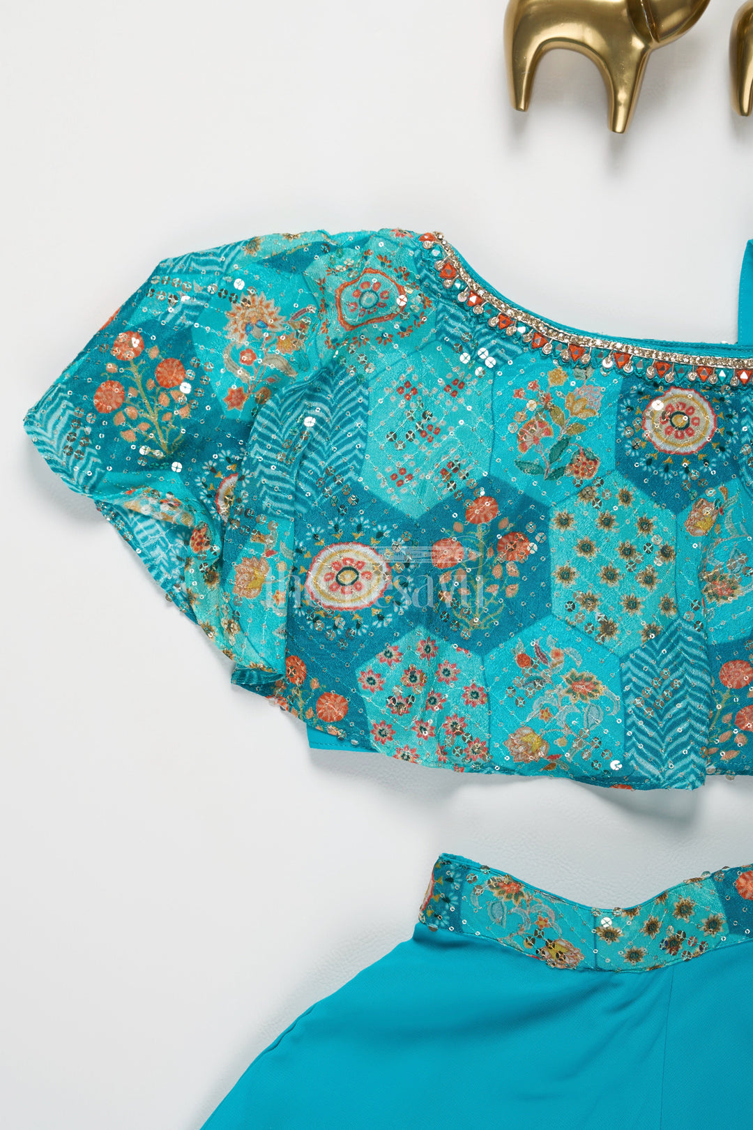 The Nesavu Girls Sharara / Plazo Set Girls Teal Chinon Silk Plazo Set with Embellished Top and Matching Pouch Nesavu Nesavu Girls Teal Chinon Silk Plazo Set Embellished Crop Top Matching Pouch Casual Occasions