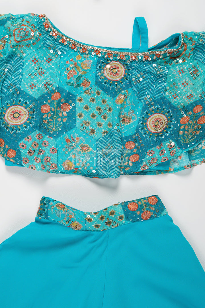 The Nesavu Girls Sharara / Plazo Set Girls Teal Chinon Silk Plazo Set with Embellished Top and Matching Pouch Nesavu Nesavu Girls Teal Chinon Silk Plazo Set Embellished Crop Top Matching Pouch Casual Occasions