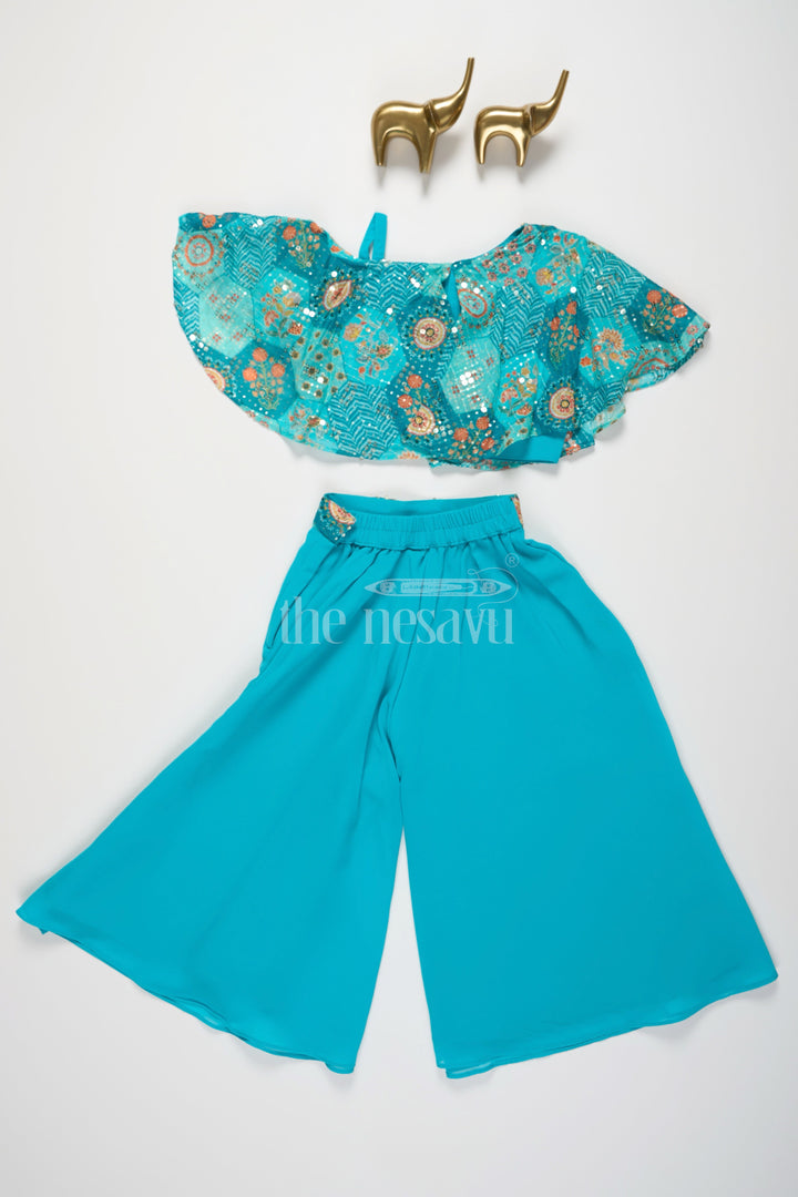 The Nesavu Girls Sharara / Plazo Set Girls Teal Chinon Silk Plazo Set with Embellished Top and Matching Pouch Nesavu Nesavu Girls Teal Chinon Silk Plazo Set Embellished Crop Top Matching Pouch Casual Occasions