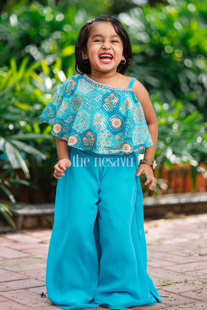 The Nesavu Girls Sharara / Plazo Set Girls Teal Chinon Silk Plazo Set with Embellished Top and Matching Pouch Nesavu Nesavu Girls Teal Chinon Silk Plazo Set Embellished Crop Top Matching Pouch Casual Occasions