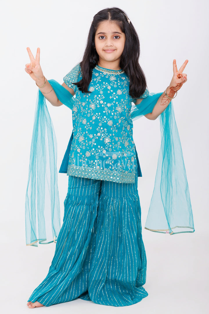 The Nesavu Girls Sharara / Plazo Set Girls Teal Green Embroidered Sleeveless Sharara Set with Golden Detailing and Dupatta Nesavu 16 (1Y) / Teal GPS445A-16 Nesavu Girls Teal Embroidered Sharara Set Golden Stripes Dupatta Festive Wear