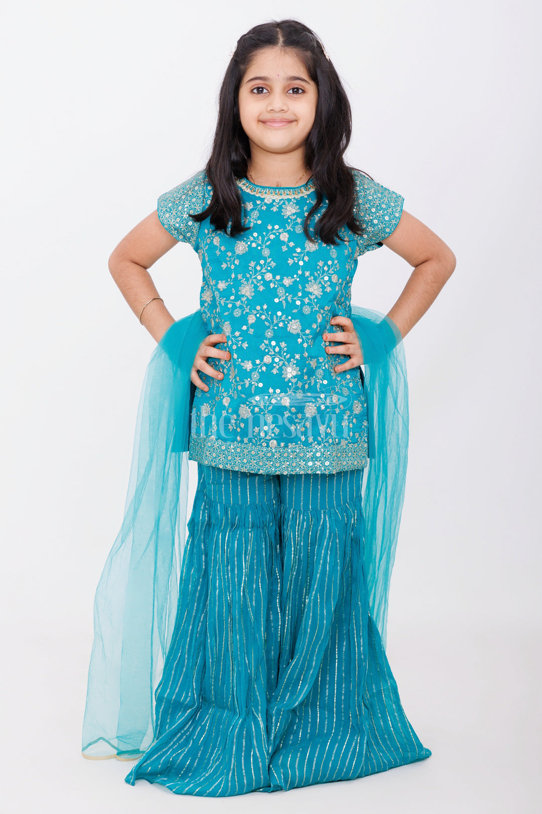 The Nesavu Girls Sharara / Plazo Set Girls Teal Green Embroidered Sleeveless Sharara Set with Golden Detailing and Dupatta Nesavu Nesavu Girls Teal Embroidered Sharara Set Golden Stripes Dupatta Festive Wear