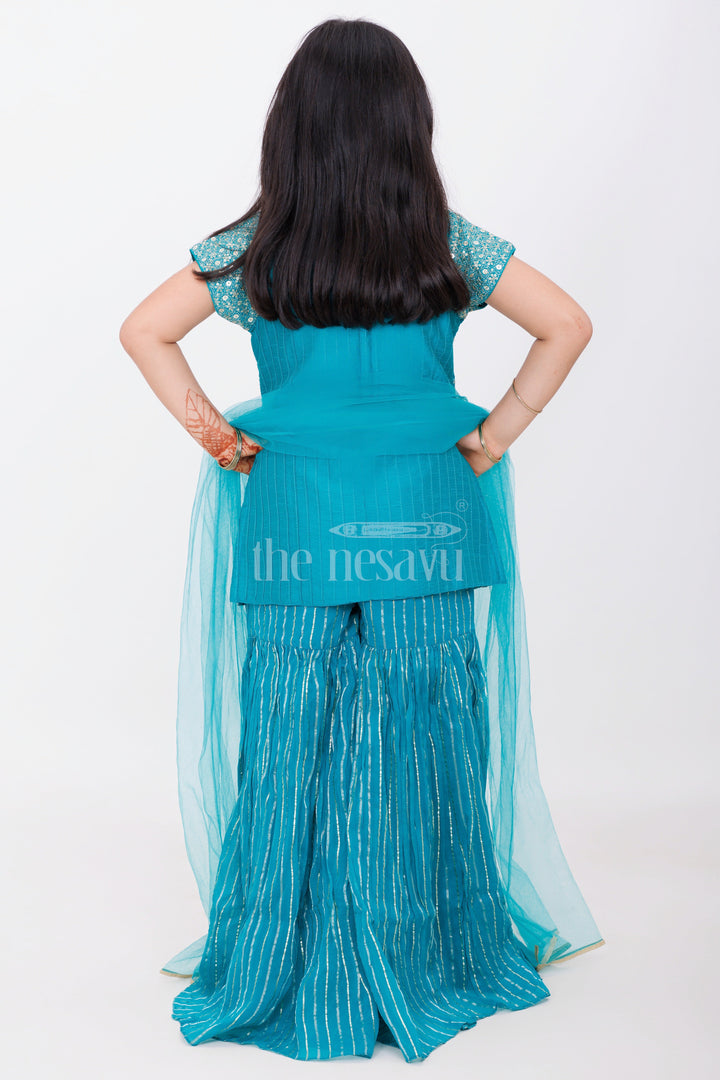 The Nesavu Girls Sharara / Plazo Set Girls Teal Green Embroidered Sleeveless Sharara Set with Golden Detailing and Dupatta Nesavu Nesavu Girls Teal Embroidered Sharara Set Golden Stripes Dupatta Festive Wear