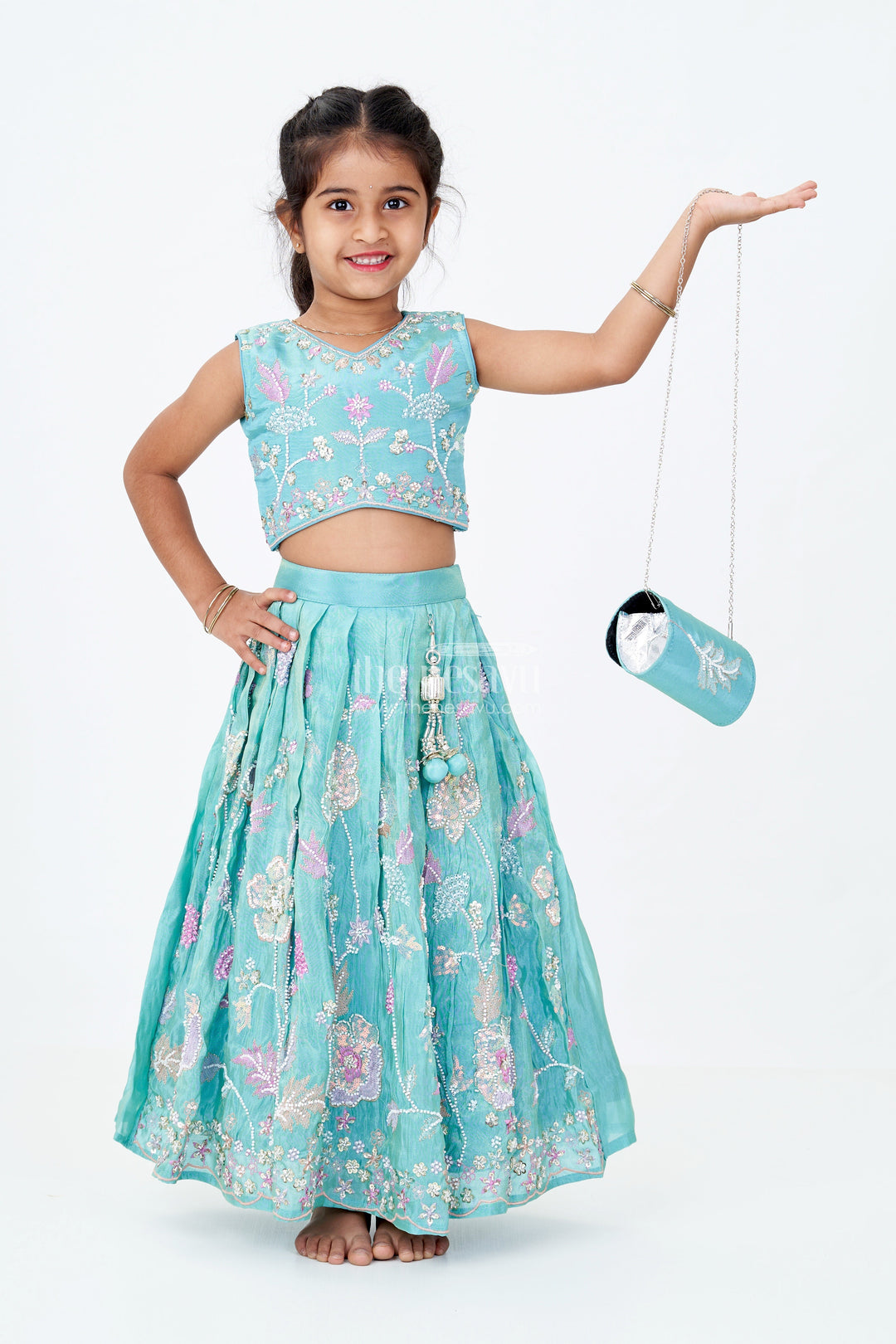 The Nesavu Girls Lehenga Choli Girls Teal Green Lehenga Choli in Banarasi Kora Tissue Silk with Heavy Designer Embroidery and Accessories Nesavu 18 (2Y) / Green GL617A-18 Girls Teal Green Lehenga Banarasi Kora Tissue Silk Heavy Designer Embroidery Dupatta | The Nesavu