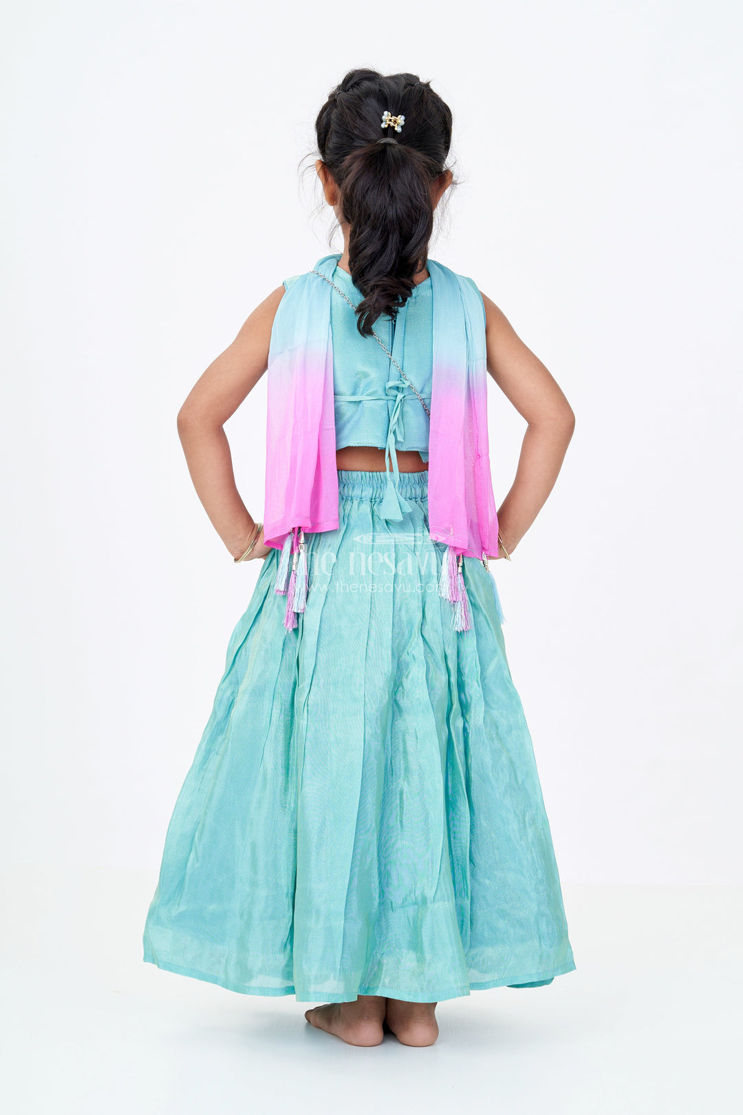 The Nesavu Girls Lehenga Choli Girls Teal Green Lehenga Choli in Banarasi Kora Tissue Silk with Heavy Designer Embroidery and Accessories Nesavu Girls Teal Green Lehenga Banarasi Kora Tissue Silk Heavy Designer Embroidery Dupatta | The Nesavu
