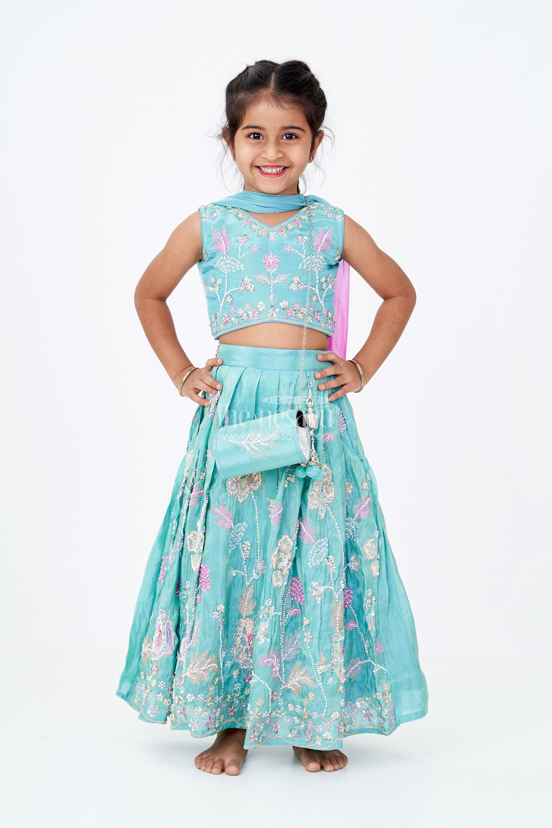 The Nesavu Girls Lehenga Choli Girls Teal Green Lehenga Choli in Banarasi Kora Tissue Silk with Heavy Designer Embroidery and Accessories Nesavu Girls Teal Green Lehenga Banarasi Kora Tissue Silk Heavy Designer Embroidery Dupatta | The Nesavu