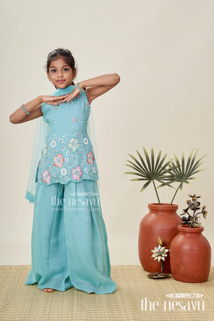 The Nesavu Girls Sharara / Plazo Set Girls Teal Organza Sharara Set with Embroidered Kurti and Dupatta Nesavu 24 (5Y) / Turquoise GPS801A-24 Nesavu Girls Teal Embroidered Sharara Set Dupatta Festive Organza Outfit Kids