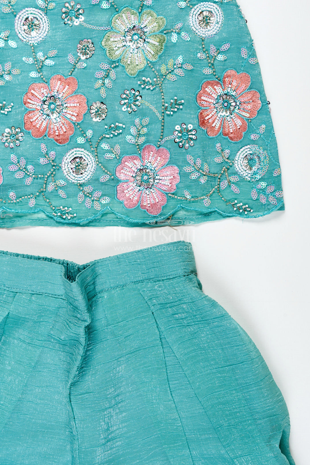 The Nesavu Girls Sharara / Plazo Set Girls Teal Organza Sharara Set with Embroidered Kurti and Dupatta Nesavu Nesavu Girls Teal Embroidered Sharara Set Dupatta Festive Organza Outfit Kids