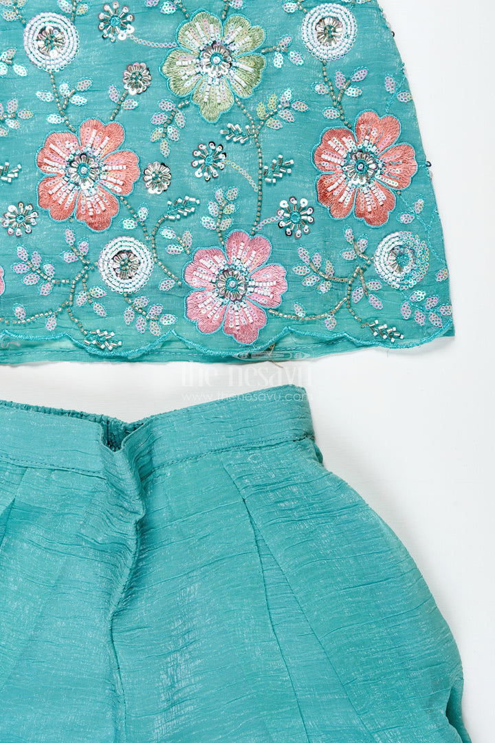 The Nesavu Girls Sharara / Plazo Set Girls Teal Organza Sharara Set with Embroidered Kurti and Dupatta Nesavu Nesavu Girls Teal Embroidered Sharara Set Dupatta Festive Organza Outfit Kids