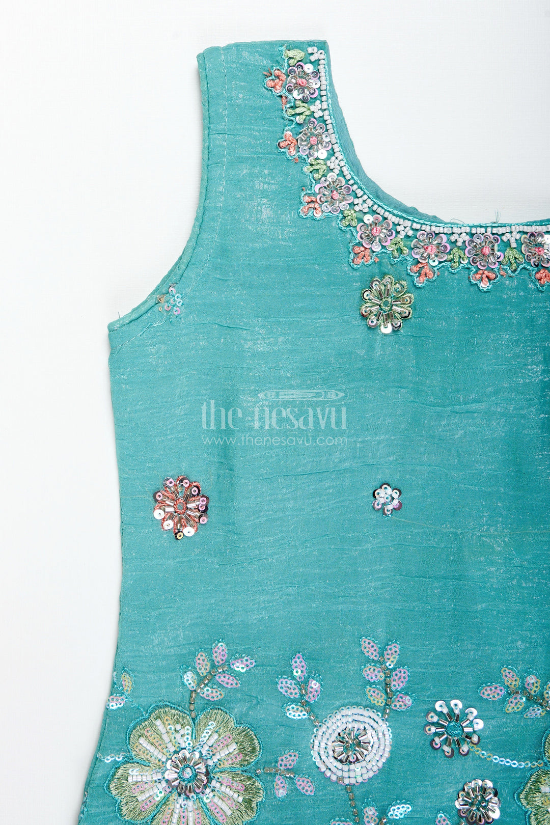 The Nesavu Girls Sharara / Plazo Set Girls Teal Organza Sharara Set with Embroidered Kurti and Dupatta Nesavu Nesavu Girls Teal Embroidered Sharara Set Dupatta Festive Organza Outfit Kids