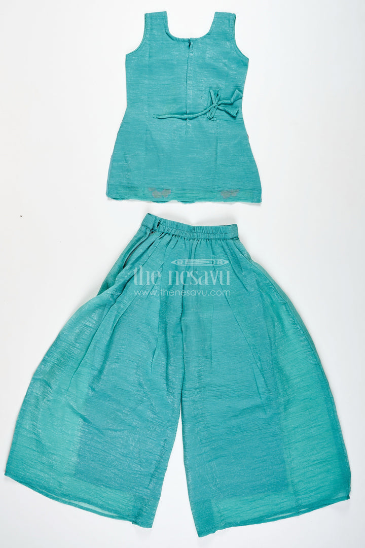 The Nesavu Girls Sharara / Plazo Set Girls Teal Organza Sharara Set with Embroidered Kurti and Dupatta Nesavu Nesavu Girls Teal Embroidered Sharara Set Dupatta Festive Organza Outfit Kids