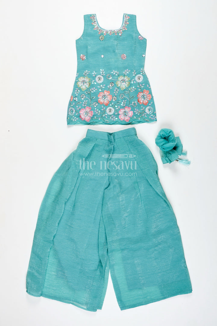 The Nesavu Girls Sharara / Plazo Set Girls Teal Organza Sharara Set with Embroidered Kurti and Dupatta Nesavu Nesavu Girls Teal Embroidered Sharara Set Dupatta Festive Organza Outfit Kids
