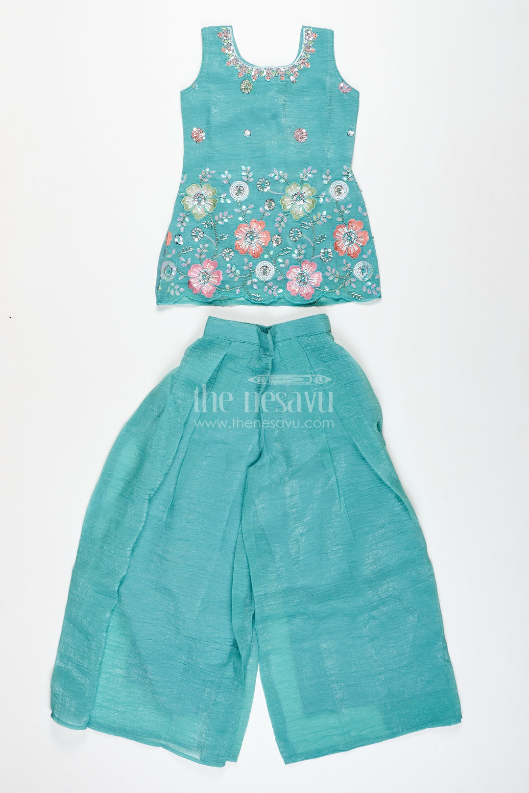 The Nesavu Girls Sharara / Plazo Set Girls Teal Organza Sharara Set with Embroidered Kurti and Dupatta Nesavu Nesavu Girls Teal Embroidered Sharara Set Dupatta Festive Organza Outfit Kids