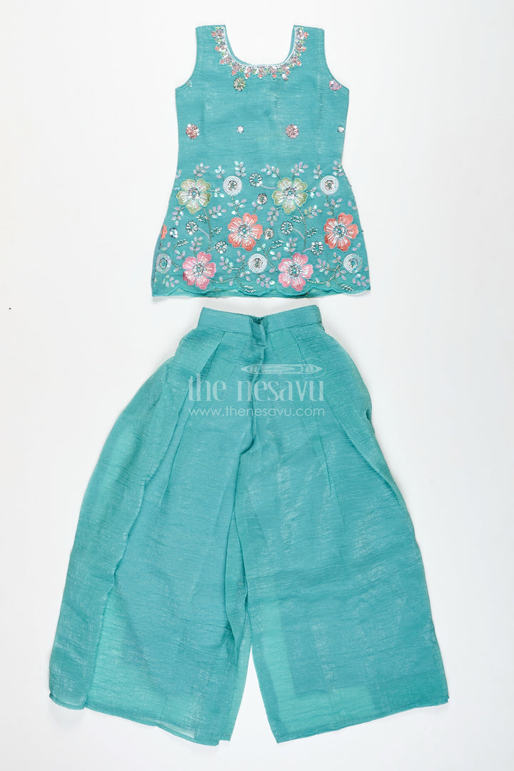 The Nesavu Girls Sharara / Plazo Set Girls Teal Organza Sharara Set with Embroidered Kurti and Dupatta Nesavu Nesavu Girls Teal Embroidered Sharara Set Dupatta Festive Organza Outfit Kids