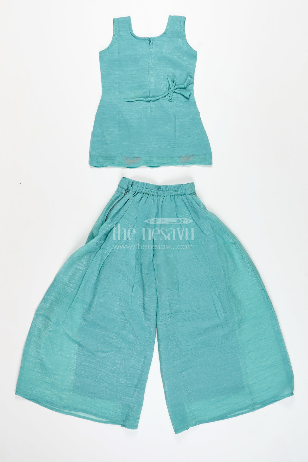 The Nesavu Girls Sharara / Plazo Set Girls Teal Organza Sharara Set with Embroidered Kurti and Dupatta Nesavu Nesavu Girls Teal Embroidered Sharara Set Dupatta Festive Organza Outfit Kids