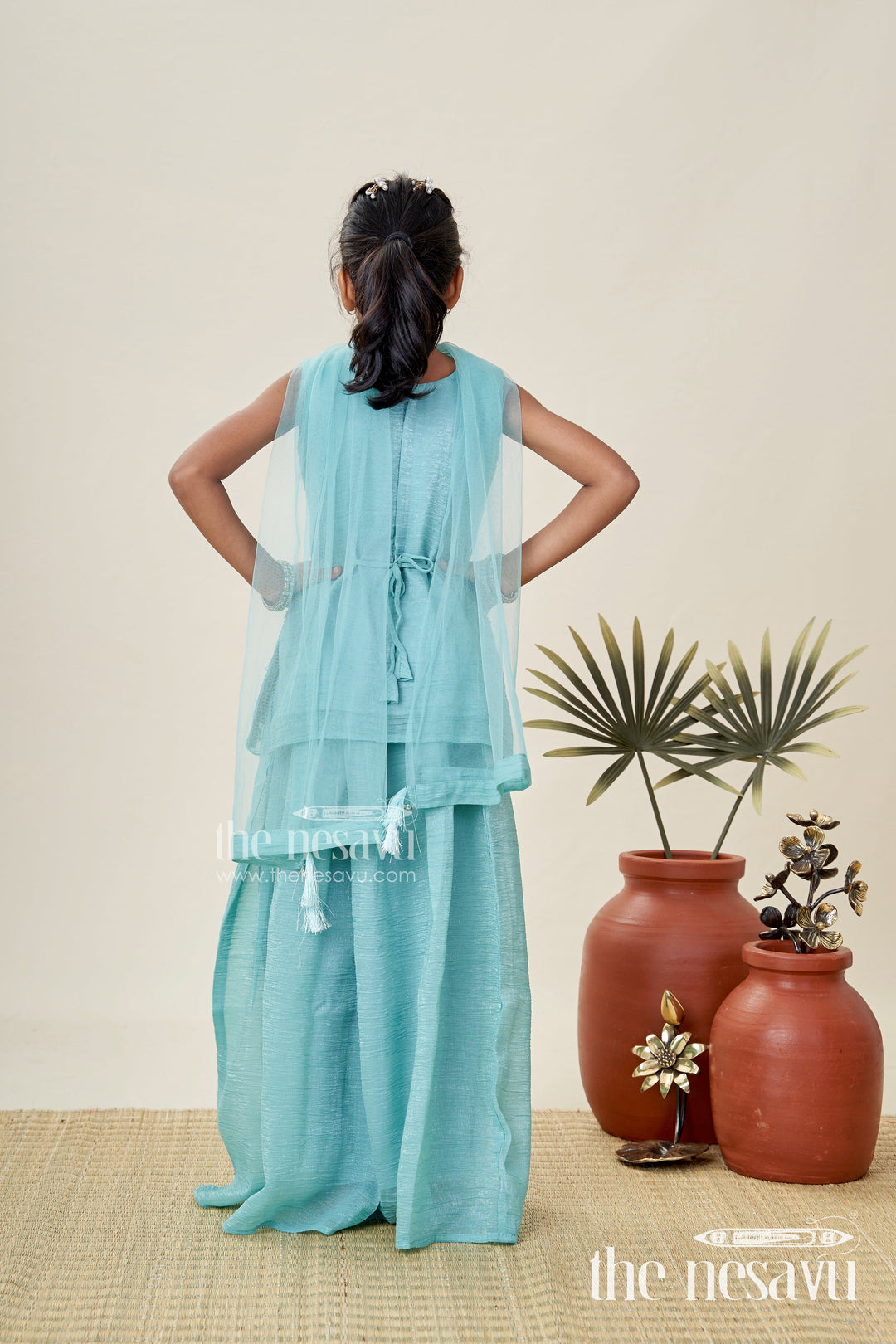 The Nesavu Girls Sharara / Plazo Set Girls Teal Organza Sharara Set with Embroidered Kurti and Dupatta Nesavu Nesavu Girls Teal Embroidered Sharara Set Dupatta Festive Organza Outfit Kids