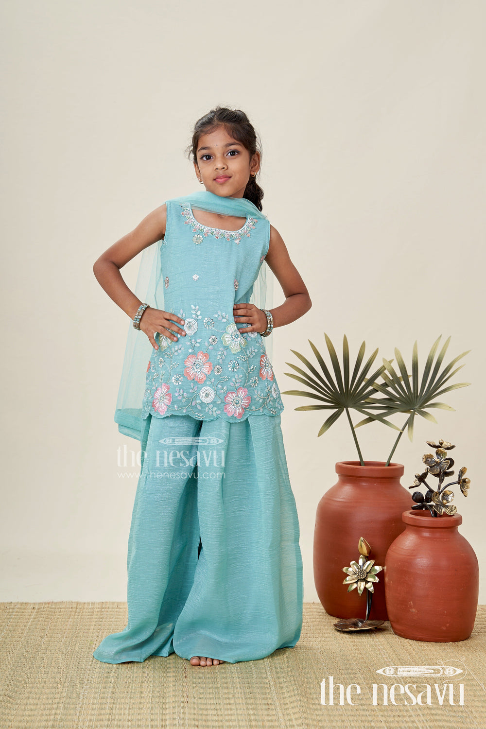 The Nesavu Girls Sharara / Plazo Set Girls Teal Organza Sharara Set with Embroidered Kurti and Dupatta Nesavu Nesavu Girls Teal Embroidered Sharara Set Dupatta Festive Organza Outfit Kids