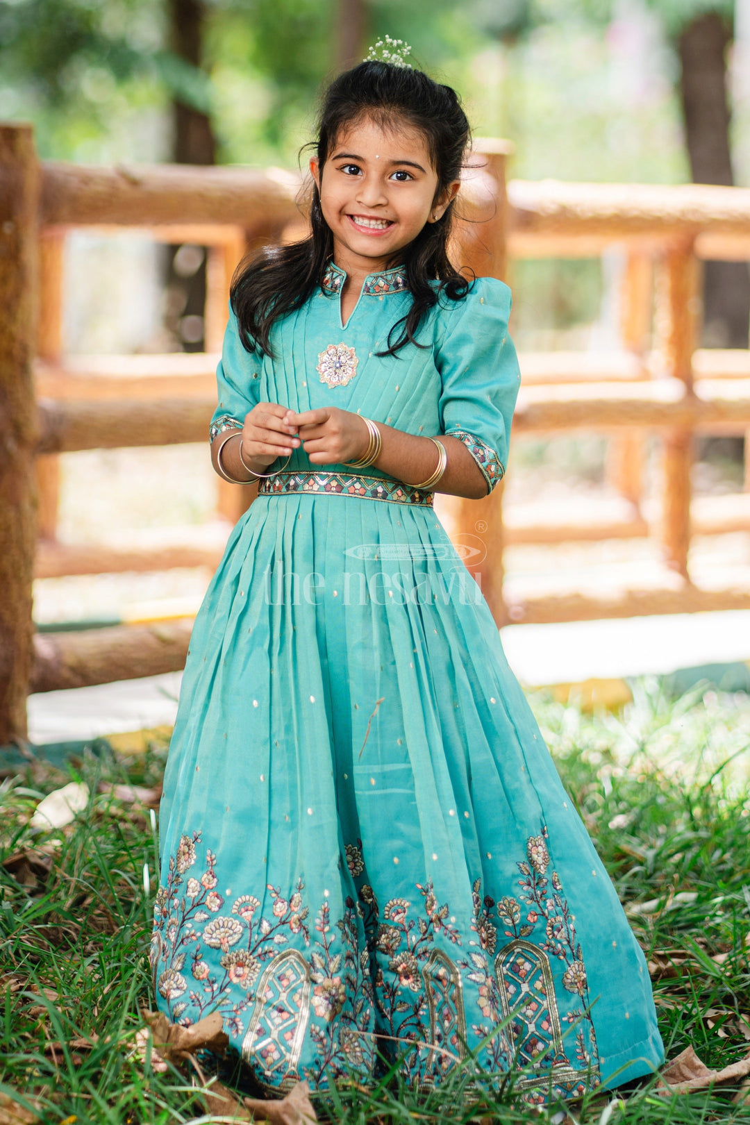 The Nesavu Girls Party Gown Girls Teal Party Gown with Intricate Embroidery and Floral Borders for Special Occasions Nesavu 18 (2Y) / Teal GA256A-18 Nesavu Girls Teal Blue Embroidered Party Gown Floral Borders Weddings Formal Events