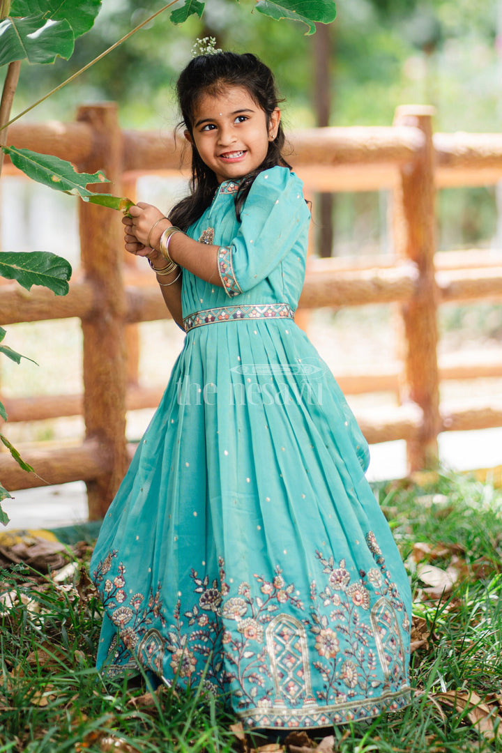 The Nesavu Girls Party Gown Girls Teal Party Gown with Intricate Embroidery and Floral Borders for Special Occasions Nesavu Nesavu Girls Teal Blue Embroidered Party Gown Floral Borders Weddings Formal Events