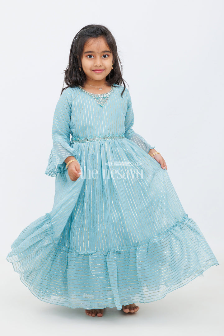 The Nesavu Girls Party Gown Girls Teal Party Gown with Shimmering Metallic Stripes and Full Flared Silhouette Nesavu 24 (5Y) / Teal GA254B-24 Nesavu Girls Teal Party Gown Metallic Stripes Flared Bell Sleeves Formal Events