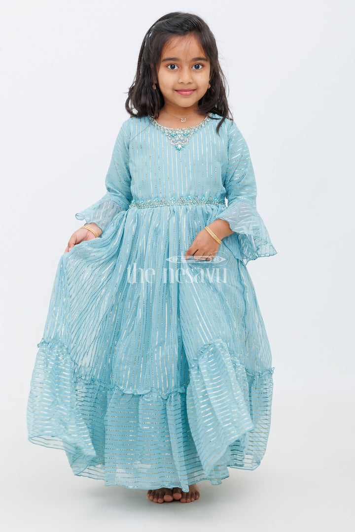 The Nesavu Girls Party Gown Girls Teal Party Gown with Shimmering Metallic Stripes and Full Flared Silhouette Nesavu Nesavu Girls Teal Party Gown Metallic Stripes Flared Bell Sleeves Formal Events