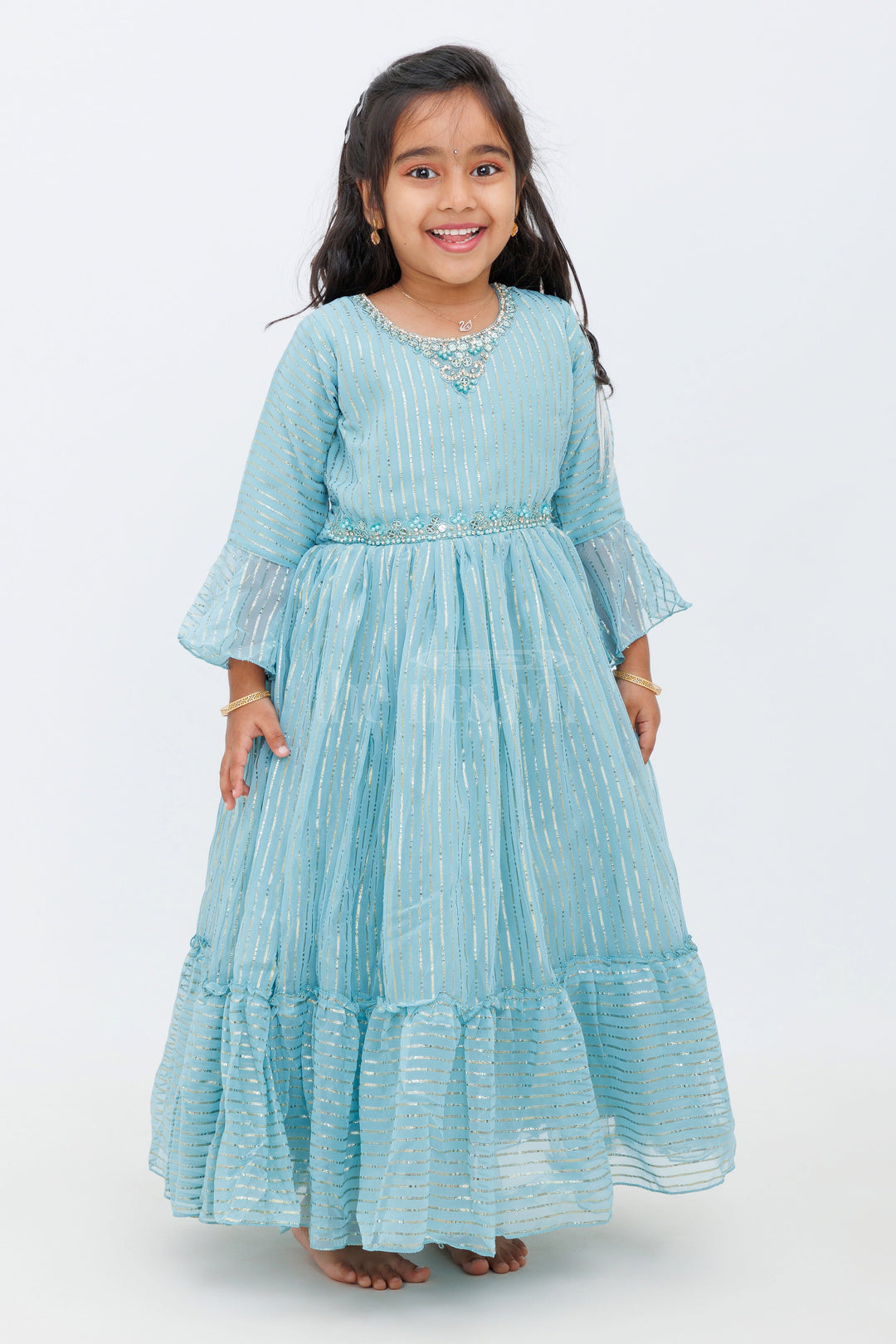 The Nesavu Girls Party Gown Girls Teal Party Gown with Shimmering Metallic Stripes and Full Flared Silhouette Nesavu Nesavu Girls Teal Party Gown Metallic Stripes Flared Bell Sleeves Formal Events