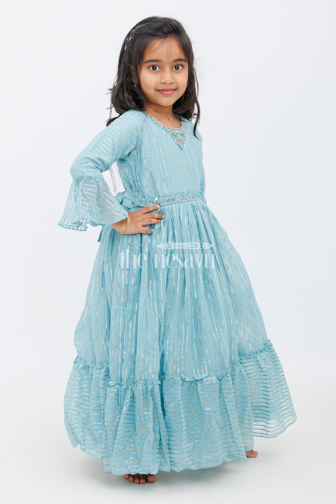 The Nesavu Girls Party Gown Girls Teal Party Gown with Shimmering Metallic Stripes and Full Flared Silhouette Nesavu Nesavu Girls Teal Party Gown Metallic Stripes Flared Bell Sleeves Formal Events