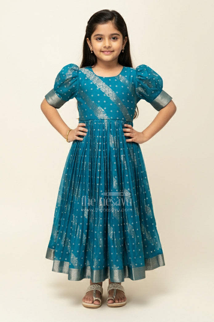 The Nesavu Girls Silk Gown Girls Teal Viscose Tissue Silk Anarkali with Zari Border Nesavu 24 (5Y) / Blue GA373B-24 Nesavu girls teal viscose tissue silk Anarkali with zari border traditional festive wear