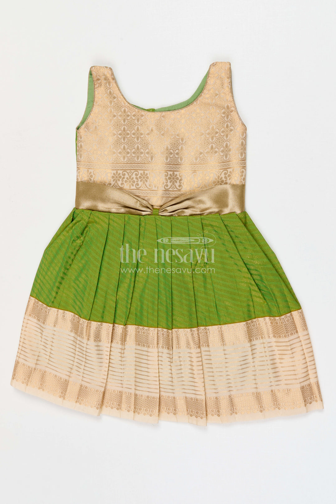 The Nesavu Girls Kanchi Silk Frock Girls Temple Wear Silk Frock for Traditional Occasions Nesavu 10 (NB) / Green / Style 2 KSF028AB-10 Nesavu Girls Temple Wear Kanchivaram Silk Frock For Traditional Ceremonies And Festive Occasions