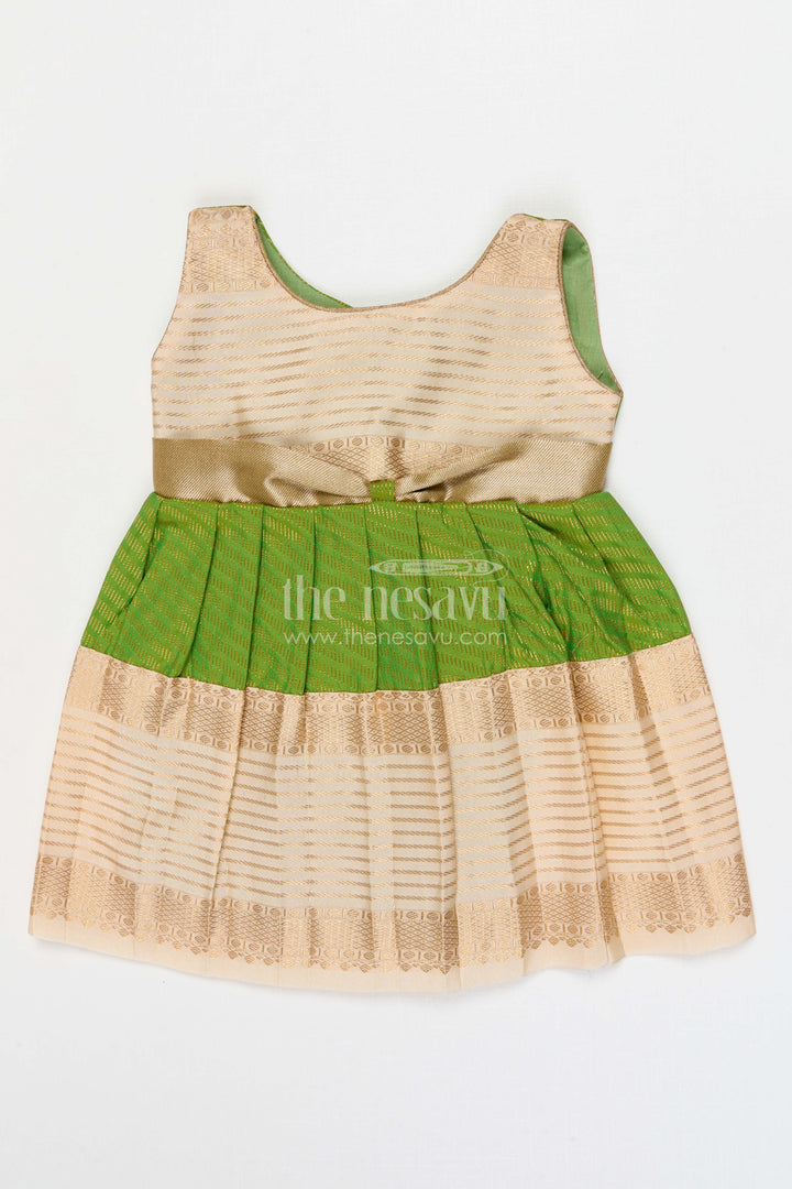 The Nesavu Girls Kanchi Silk Frock Girls Temple Wear Silk Frock for Traditional Occasions Nesavu 10 (NB) / Green / Style 4 KSF028AD-10 Nesavu Girls Temple Wear Kanchivaram Silk Frock For Traditional Ceremonies And Festive Occasions