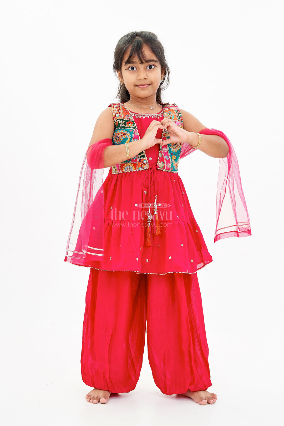 The Nesavu Girls Sharara / Plazo Set Girls Three Piece Sharara Set in Red with Embroidered Jacket and Flared Pants Nesavu 16 (1Y) / Pink GPS504B-16 Girls Three Piece Red Sharara Set Embroidered Jacket Dupatta | The Nesavu