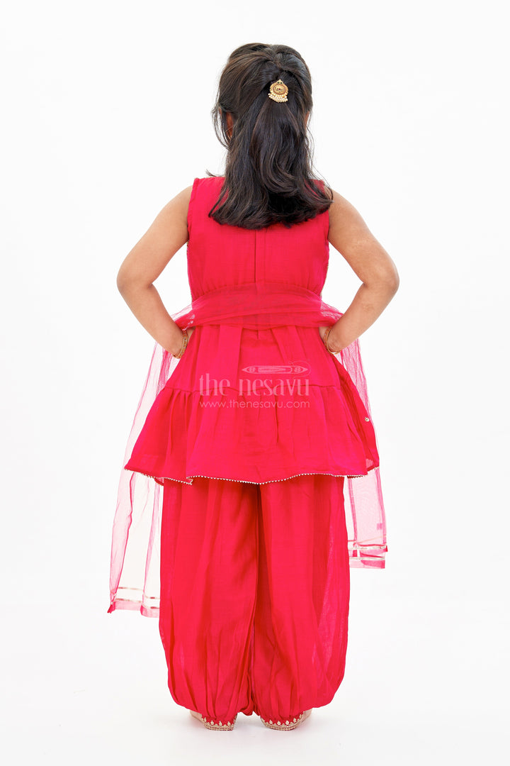 The Nesavu Girls Sharara / Plazo Set Girls Three Piece Sharara Set in Red with Embroidered Jacket and Flared Pants Nesavu Girls Three Piece Red Sharara Set Embroidered Jacket Dupatta | The Nesavu